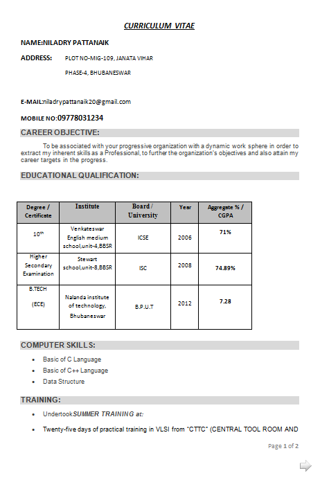 Resume format for b tech biotechnology freshers